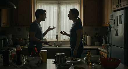 Couple arguing intensely in a dimly lit kitchen, gesturing passionately during a heated disagreement over domestic matters