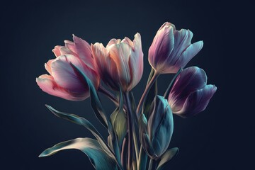 Softly lit tulips in varying hues of pink, purple, and white against a dark background