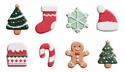 Colorful Christmas Cookies in Various Festive Shapes on Transparent Background