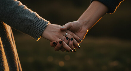 Intimate moment of two hands clasped tightly, symbolizing deep connection and lasting love as golden hour light bathes them in warmth