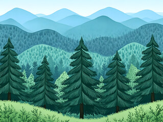 Serene Mountain Forest Landscape with Evergreen Trees and Rolling Hills.