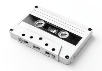 A classic white audio cassette tape, with exposed tape reels, on a white background