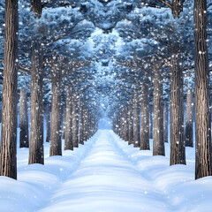 Snowy Forest Path with Falling Snowflakes.