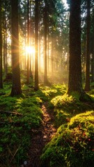 Sunlit Forest Path with Mossy Ground and Tall Trees Under Sunlight Radiating Through the Dense Canopy in a Cinematic Dramatic Tone