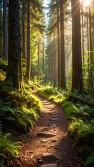 Sunlit Forest Path With Mossy Trees And Stone Steps in Cinematic Style