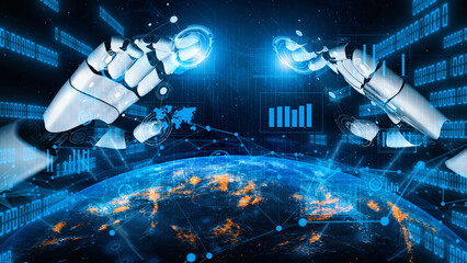 Innovative visual of robotic hands extending towards each other over the globe, symbolizing the future of digital connectivity and the rise of advanced technology in our world. Xenic