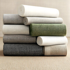 Stack of Rolled Fabric Samples in Various Textures and Colors.