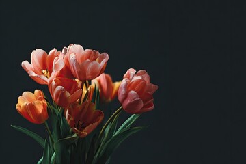 A bouquet of coral-colored tulips on a dark backdrop, elegantly lit