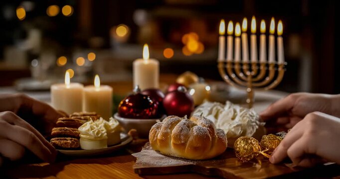 Multi-Faith Holiday Table with Menorah and Christmas Ornaments