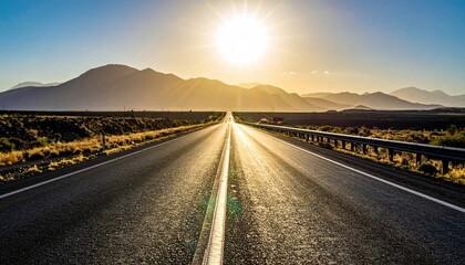 Sunlit Asphalt Road Stretching Towards Distant Mountains Under a Clear Blue Sky Highway Perspective Leading to Mountainous Horizon