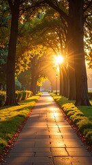 Sunlit Autumn Pathway Lined with Trees and Golden Light Landscape