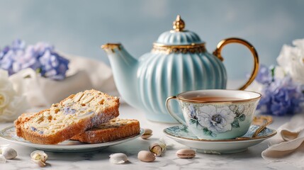 Fototapeta premium Elegant Afternoon Tea Still Life with Biscotti, Tea Cup, and Decorative Blue Teapot