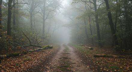Obraz premium Eerie forest path disappearing into thick fog, evoking mystery and adventure, perfect for storytelling and atmospheric scenes.