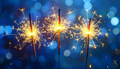 Festive sparklers illuminate a blue bokeh background creating a celebration atmosphere