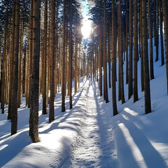 Sunlight filtering through snow-covered pine forest path during winter.