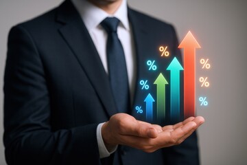Businessman Presenting a Growth Chart with Ascending Arrows and Percentage Signs, Indicating Positive Financial Performance
