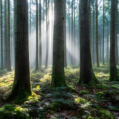 Sunlight filtering through tall trees in a misty forest.