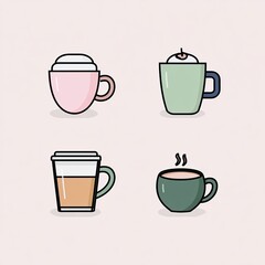 Obraz premium Four cartoon coffee cups with different designs, colors, and contents, on a light pink backdrop