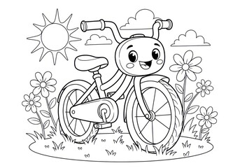 Cute cartoon bicycle with smiling face in a sunny meadow.