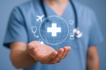 Global Healthcare Professional Holding Digital Cross: Promoting Medical Tourism and Worldwide Health Solutions Concept