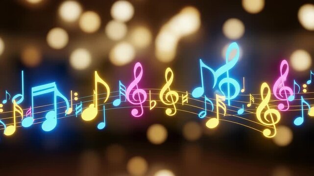 array of glowing musical notes in pink blue and yellow hues flows across staff set against dark blurred background with warm golden bokeh lights festive atmosphere