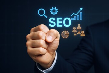 Optimizing Digital Strategies: Hand Pointing to SEO Icons Representing Search Engine Optimization and Business Analytics