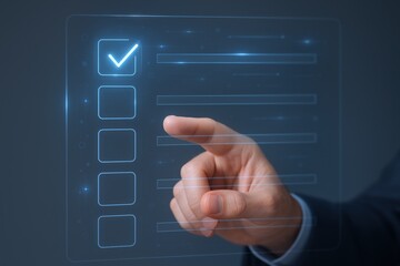 Digital Checklist Concept: Hand Interacting with Interactive Touchscreen Displaying a Completed Task