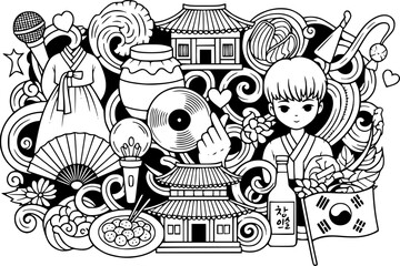 K-pop vibes and korean culture icons in hand drawn doodle style