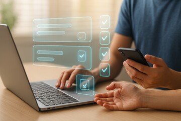 Laptop and smartphone with holographic checklist showing completed tasks, project planning, and workflow management  
