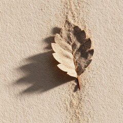 Close-up of a single, dry leaf casting a stark shadow on a textured, light surface