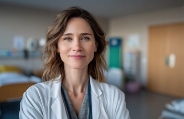 Fototapeta premium Confident Female Doctor: Professional Portrait in Hospital Setting, Healthcare Provider with Stethoscope, Modern Clinic Backdrop