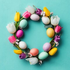 A springtime wreath, crafted with colorful tulips and speckled eggs, on a turquoise background