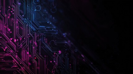 Abstract Futuristic Circuit Board Design with Glowing Pink and Blue Lights on a Dark Background