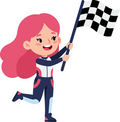 Obraz premium Cute Cartoon Cheerful Woman Waving Checkered Flag Illustration
