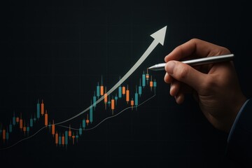 Hand drawing upward financial chart with pen showing profit, growth, and economic investment success  
