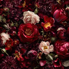 A dense, luxurious floral arrangement in varying shades of deep red, burgundy, and cream