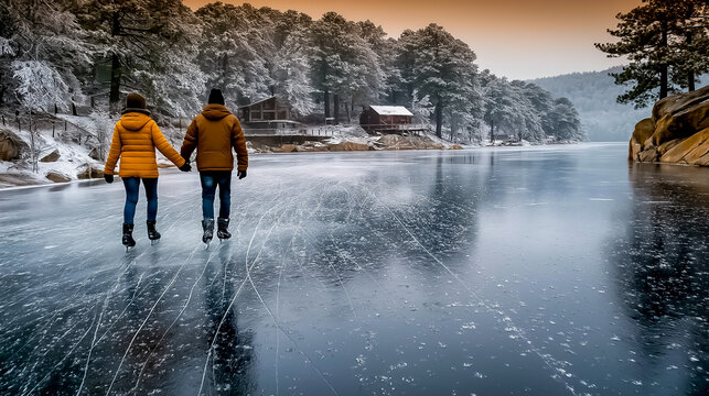 Ice Skating Couple at Dusk on Frozen Lake