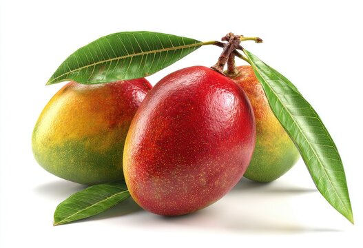 Three colorful, ripe fruits with green leaves on a white backdrop, freshly harvested