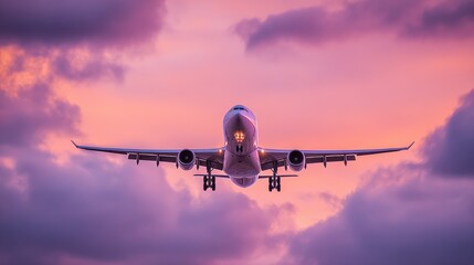 Fototapeta premium Airplane ascending into a vibrant sky at dusk, embodying themes of travel, freedom, and aspirations