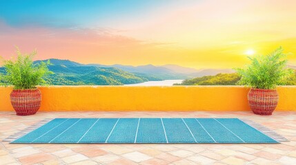 Sunrise yoga terrace outdoor landscape style. Calm terrace with peaceful mountain sunrise. Nature relaxation, serene morning, tranquil retreat, scenic backdrop, wellness and leisure, healthy