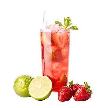 A glass of strawberry juice with a few strawberries on the side
