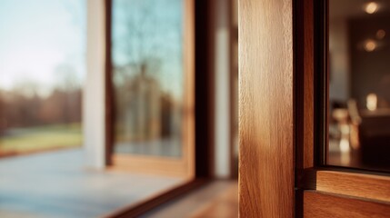 Shot focusing on rotating panel track system pivoting around its axis on a spacious door capturing the sharp details of the moving panel and soft outoffocus surroundings.
