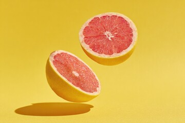 Two sliced citrus halves, showcasing pink interior, float against a vivid yellow backdrop