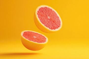 Two grapefruit halves suspended in mid-air against a bright yellow backdrop, with shadow