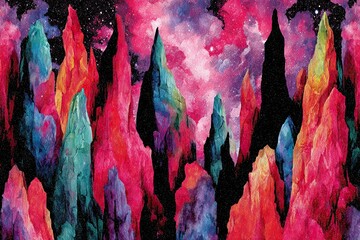 Vibrant spires reach towards a starry, colorful cosmic sky