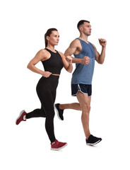 Fototapeta premium Sporty man and woman running on white background