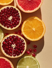 Overhead view of various sliced fruits pomegranate, citrus, lime on a warm background