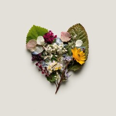 A floral heart composition with various flowers and leaves on a neutral background