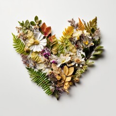 A heart-shaped arrangement of dried flowers and foliage on a white background
