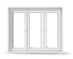 Realistic front view of a triple-panel white window with empty glass panes and frame